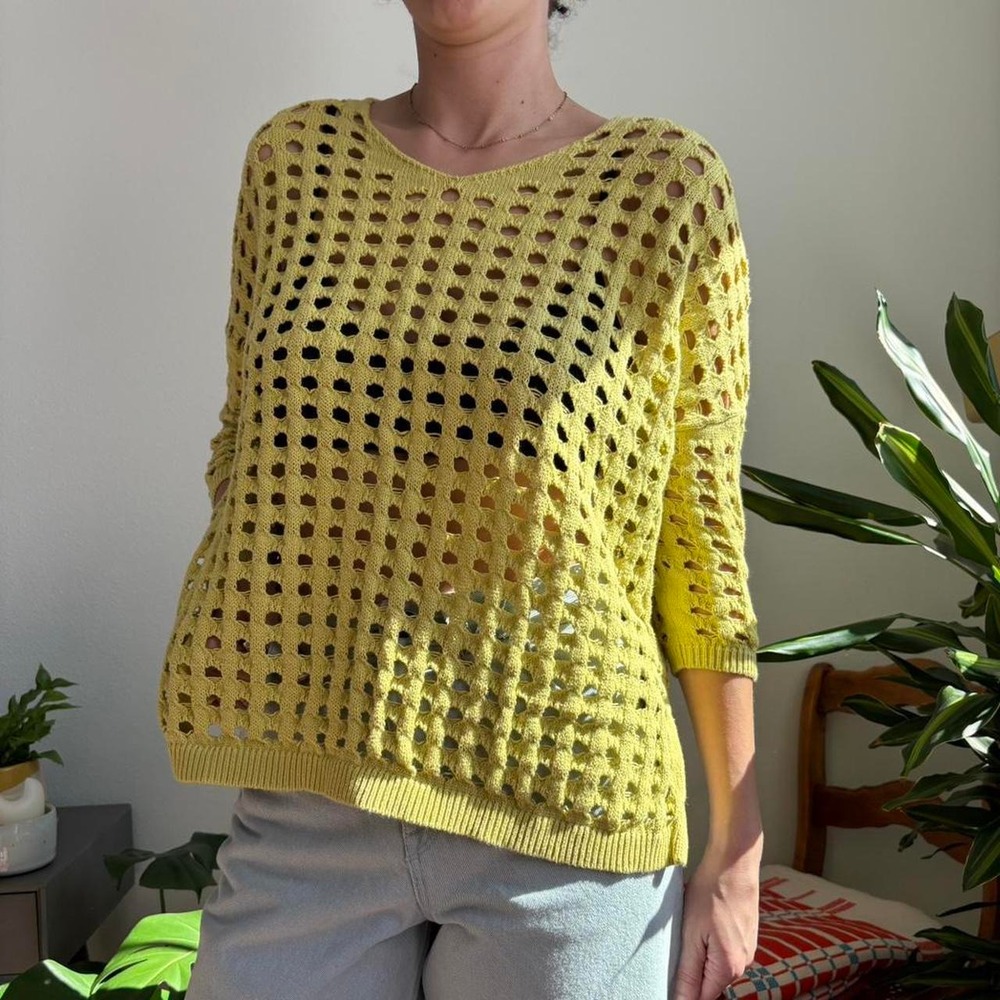 Wynne Layers Chartreuse Yellow Open Knit V-Neck Sweater 3/4 Sleeve Relaxed Fit